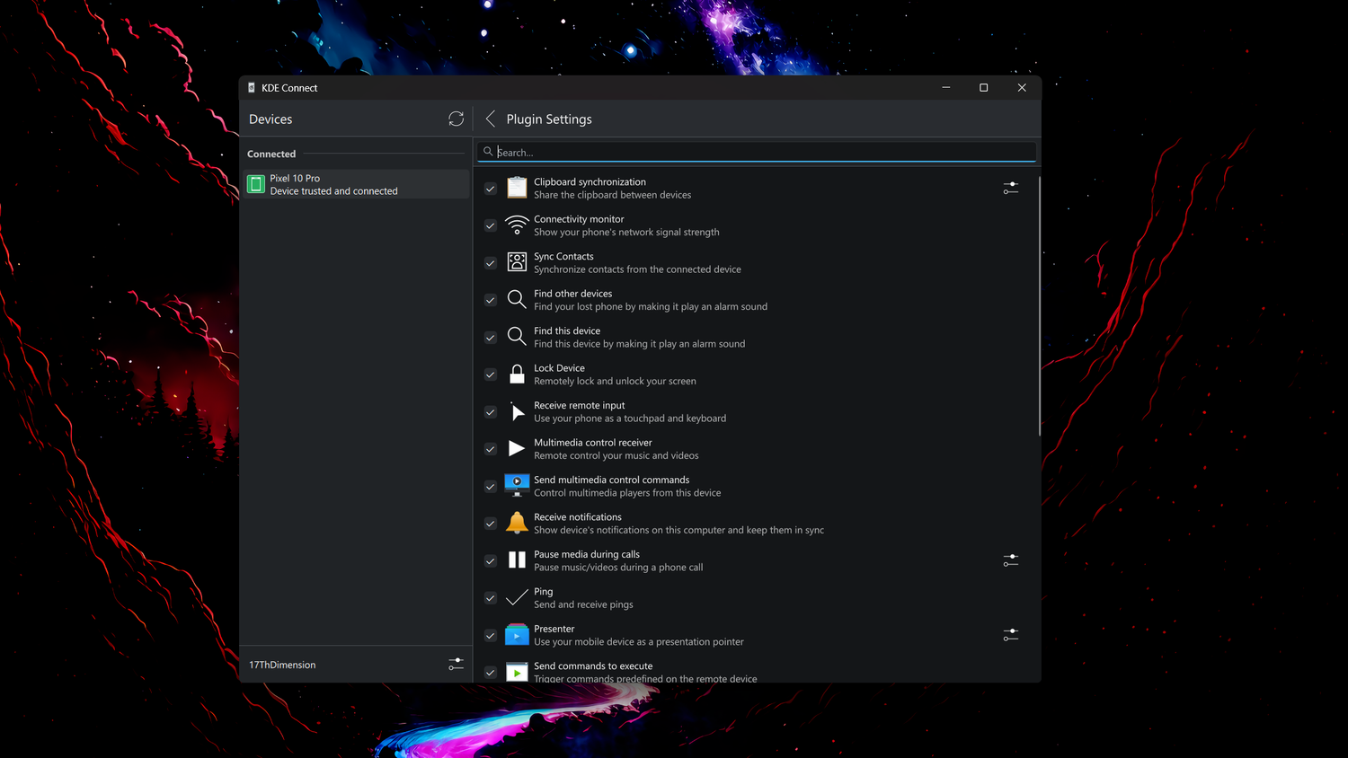 The Plugin Settings page in the Windows version of KDE Connect.