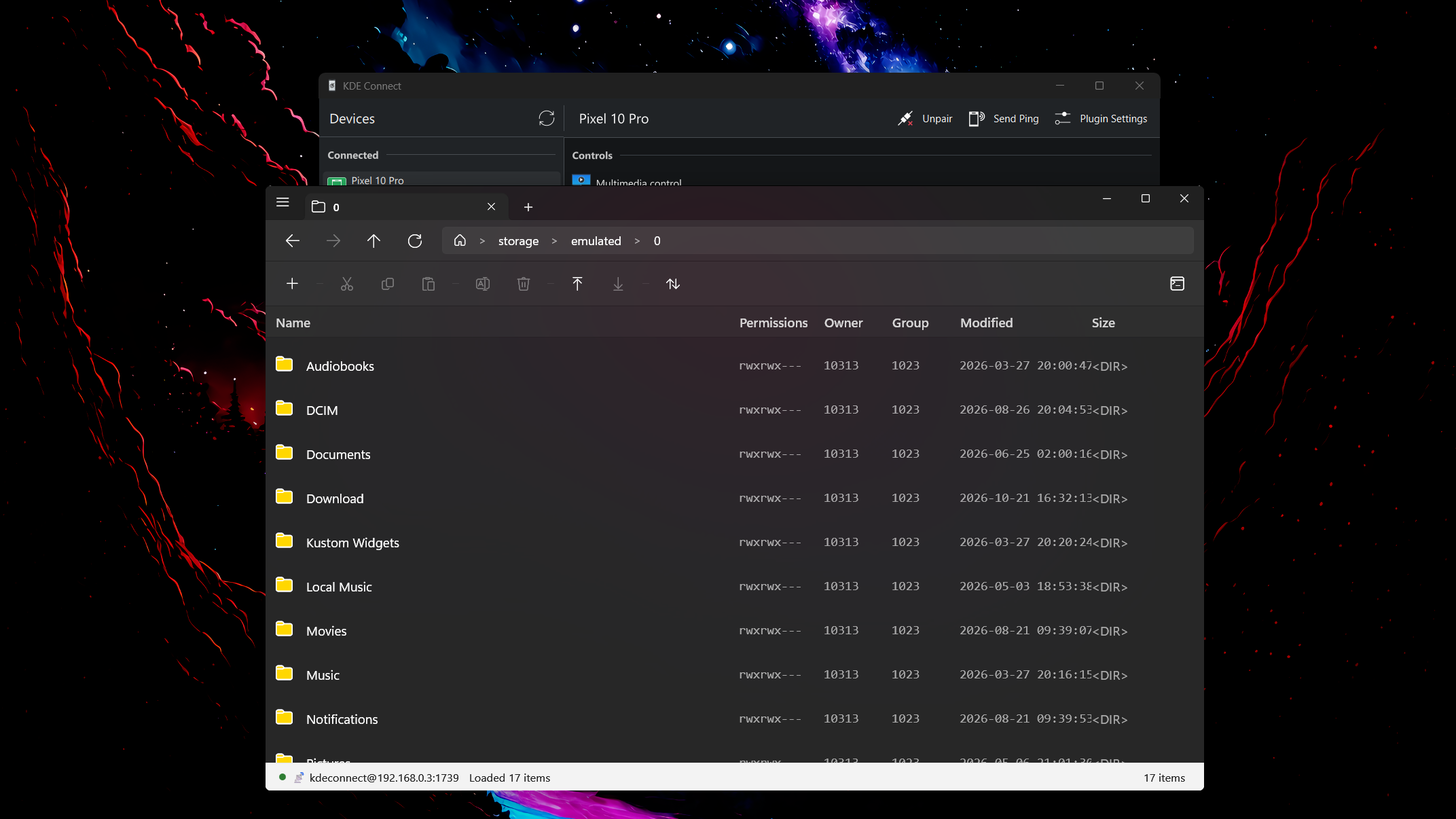 Browsing a connected phone’s files in KDE Connect.