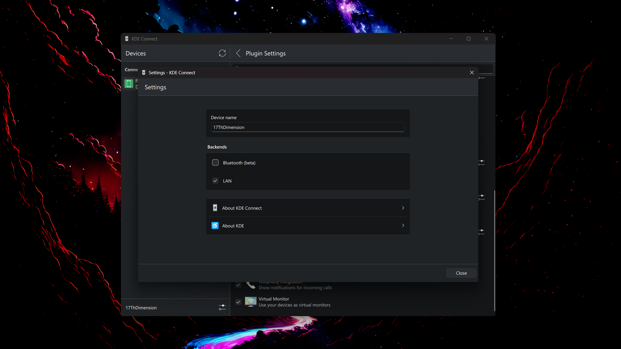 KDE Connect Settings menu.