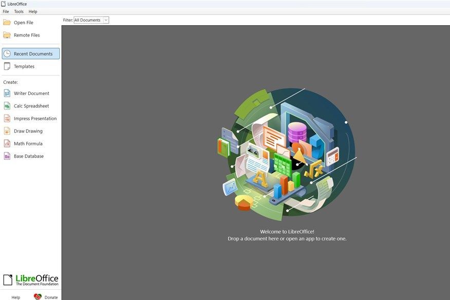 Главный экран LibreOffice с ярлыками приложений и списком последних документов