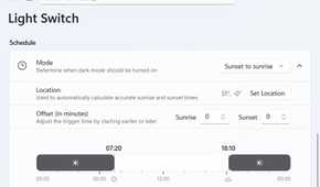 Light Switch PowerToys module settings page showing a sunset to sunrise schedule mode.