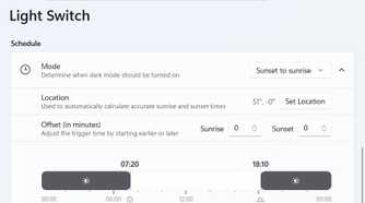 Light Switch PowerToys module settings page showing a sunset to sunrise schedule mode.