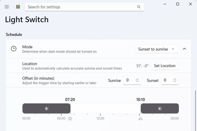 Light Switch PowerToys module settings page showing a sunset to sunrise schedule mode.