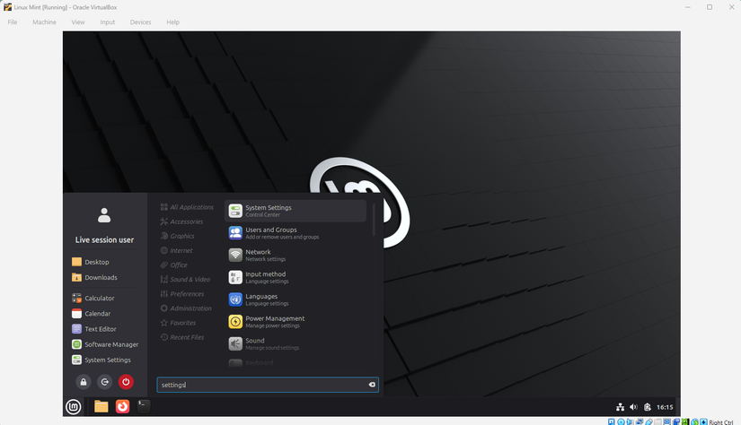 Linux Mint displays its application menu with categories, shortcuts, and a search field above the bottom taskbar.