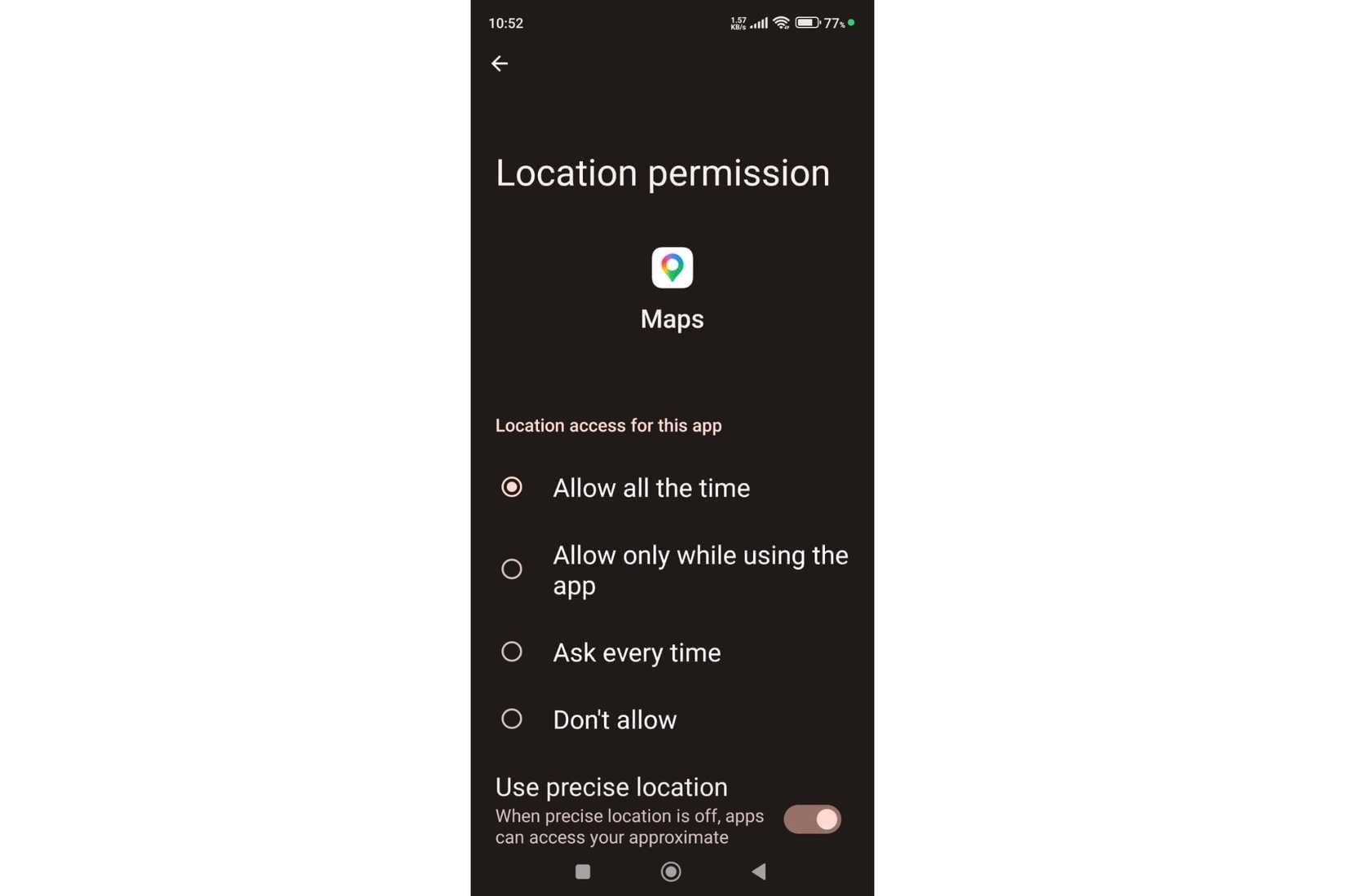 You can control location permissions for Google Maps in Settings