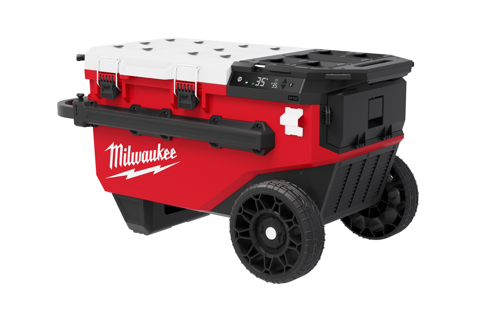 Milwaukee M18 30QT Rolling Fridge with large wheels and a digital temperature display.