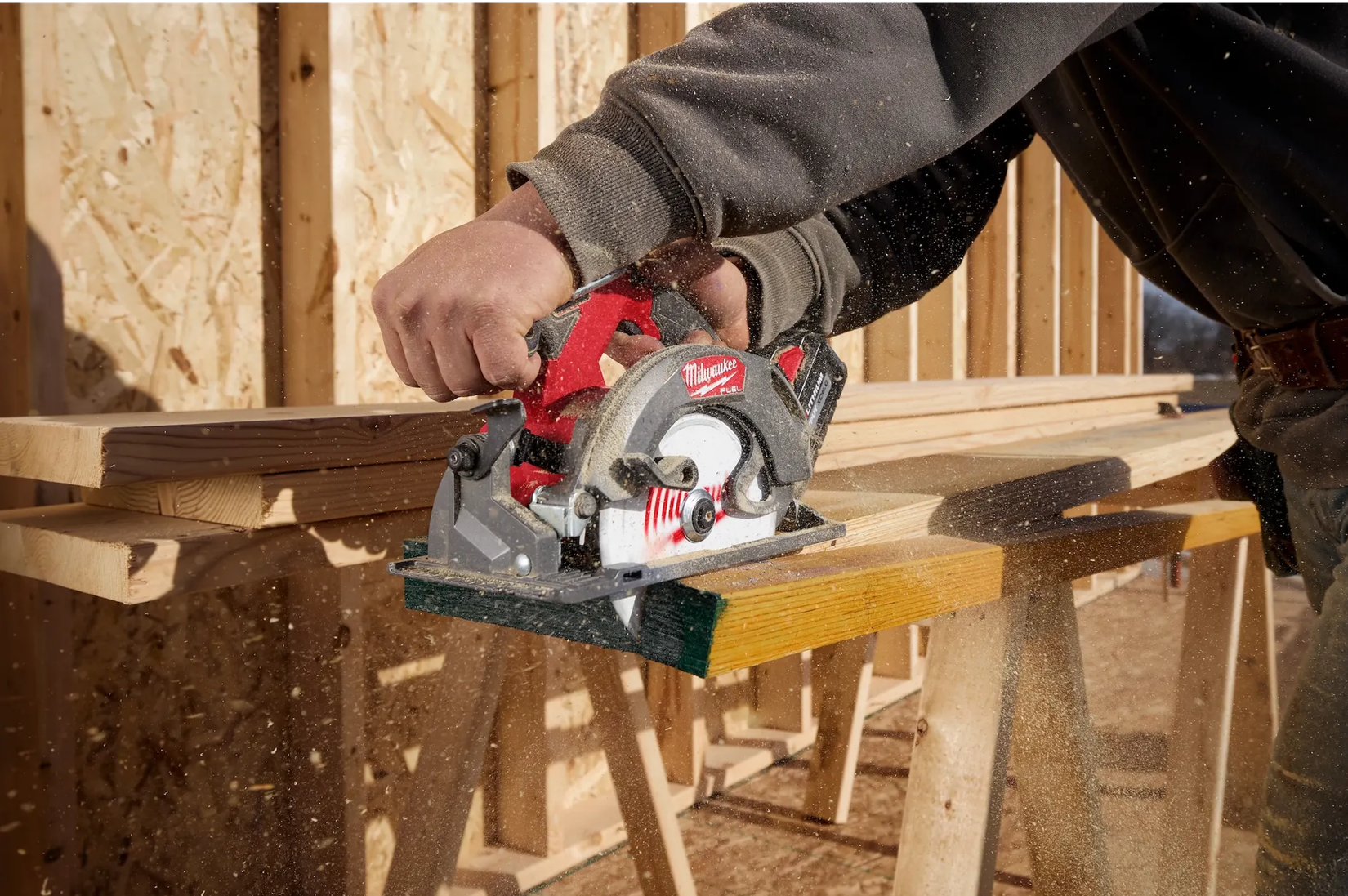 Milwaukee M18 FUEL circular saw cutting wood