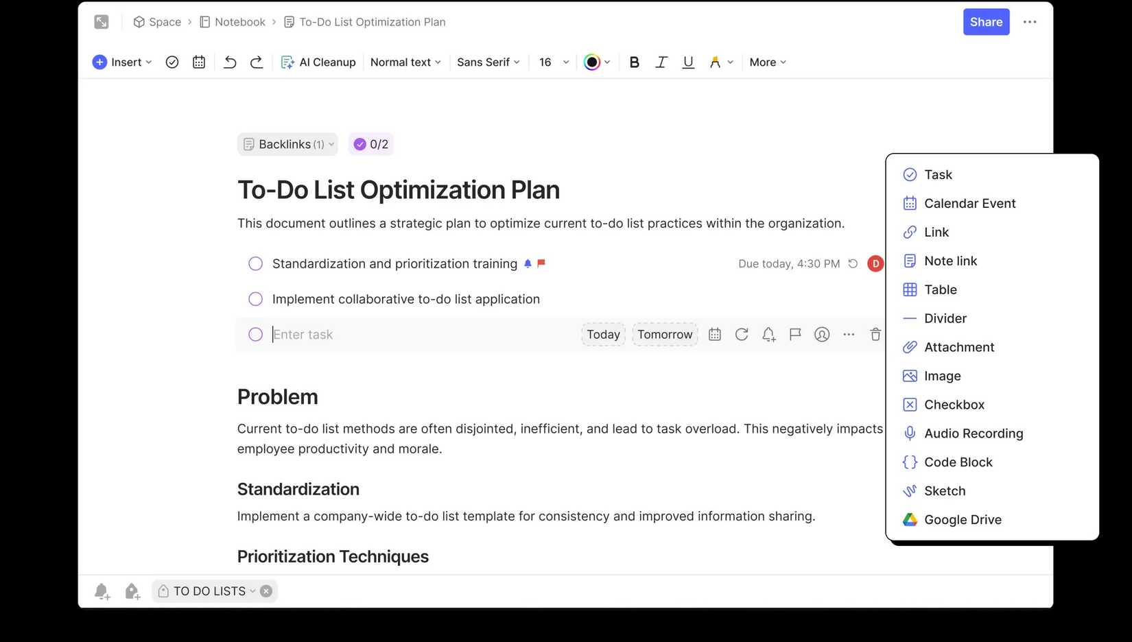 The Evernote app showing a sample document with several todo items and a menu open to insert a specific type of component.