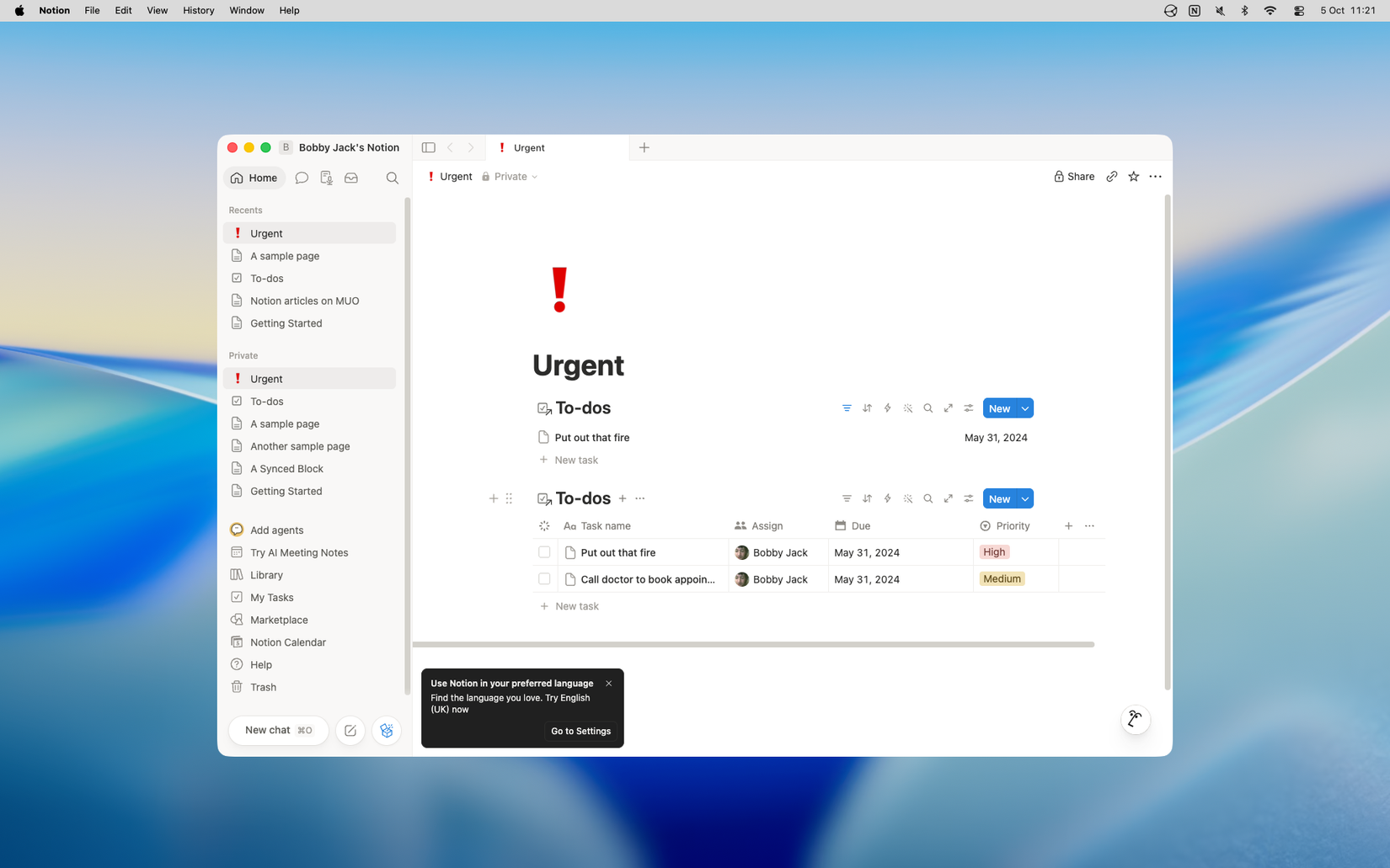 The Notion app showing a long list of individual items in the left-hand panel and an open document with several TODO items in tables.