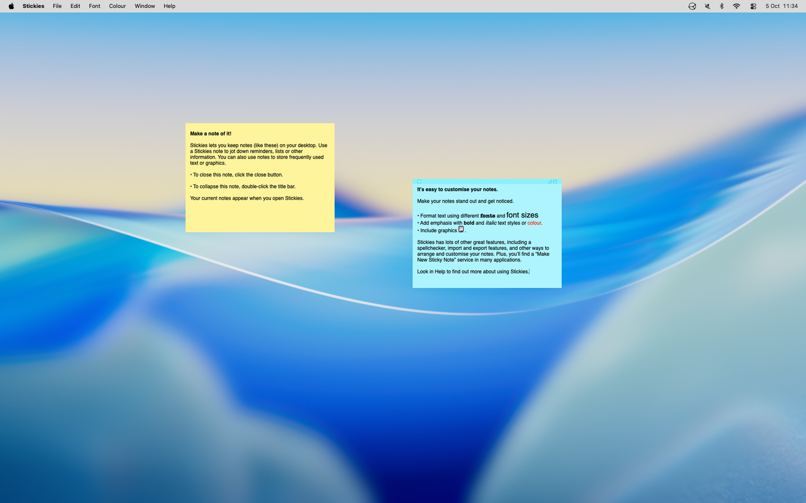 Two sticky notes on a macOS desktop, one with a yellow background, one with a blue.
