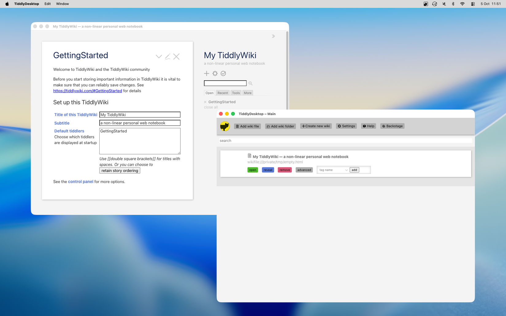 The TiddlyDesktop app showing a window listing individual wikis and another window previewing a wiki.