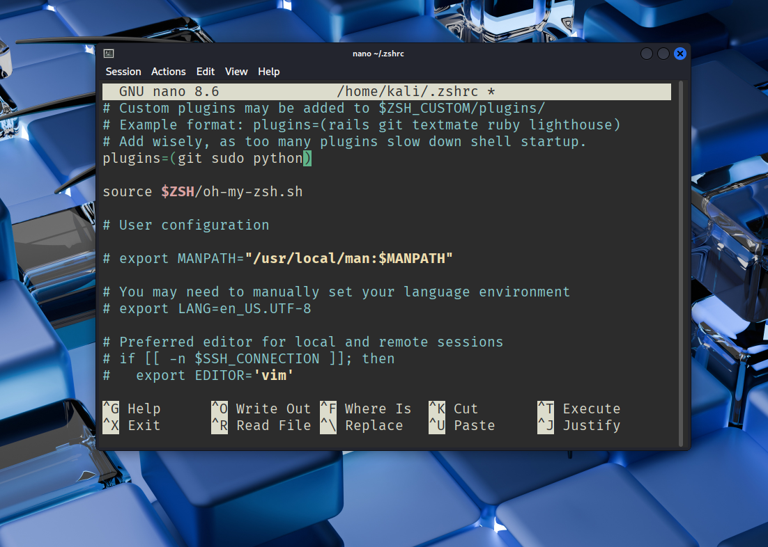 Oh My Zsh plugins showing three plugins in use.