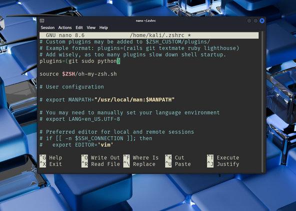 Oh My Zsh plugins showing three plugins in use.