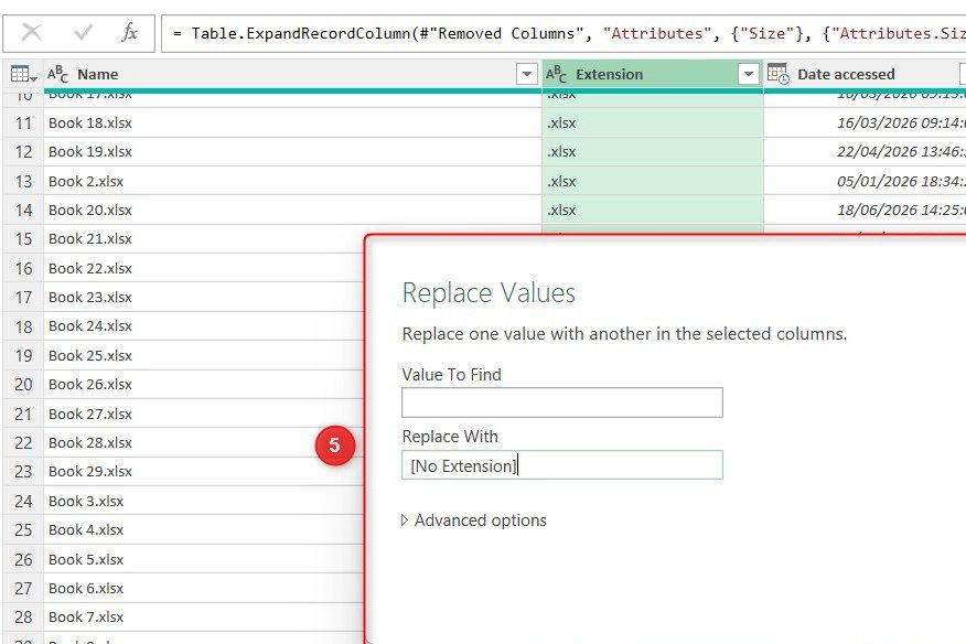 Интерфейс Power Query с диалоговым окном замены значений для файлов без расширения