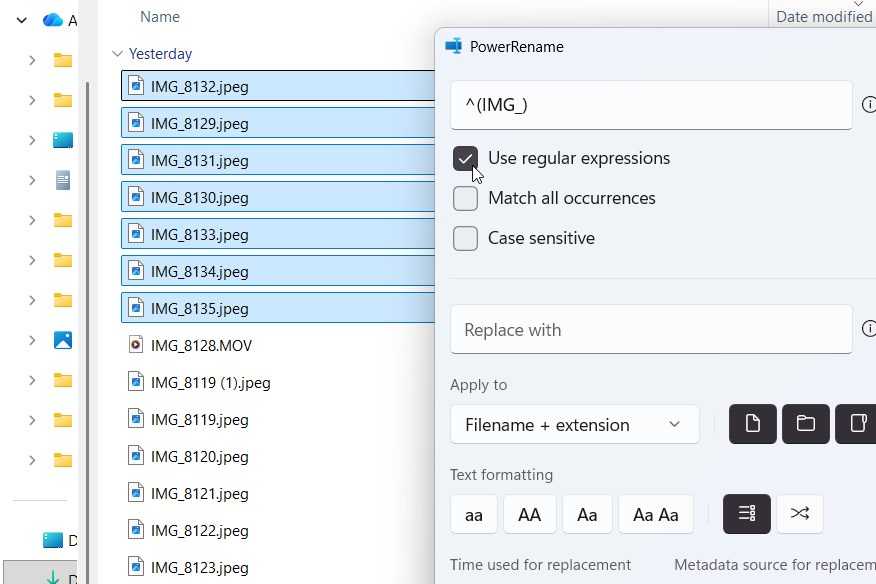 PowerRename interface with ^(IMG_) typed into the Find field and the Use regular expressions option checked.