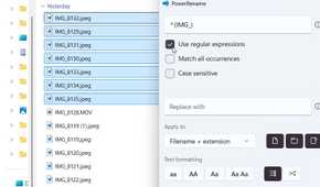 PowerRename interface with ^(IMG_) typed into the Find field and the Use regular expressions option checked.