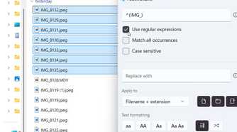 PowerRename interface with ^(IMG_) typed into the Find field and the Use regular expressions option checked.