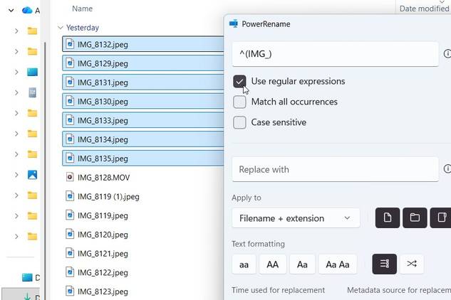 PowerRename interface with ^(IMG_) typed into the Find field and the Use regular expressions option checked.
