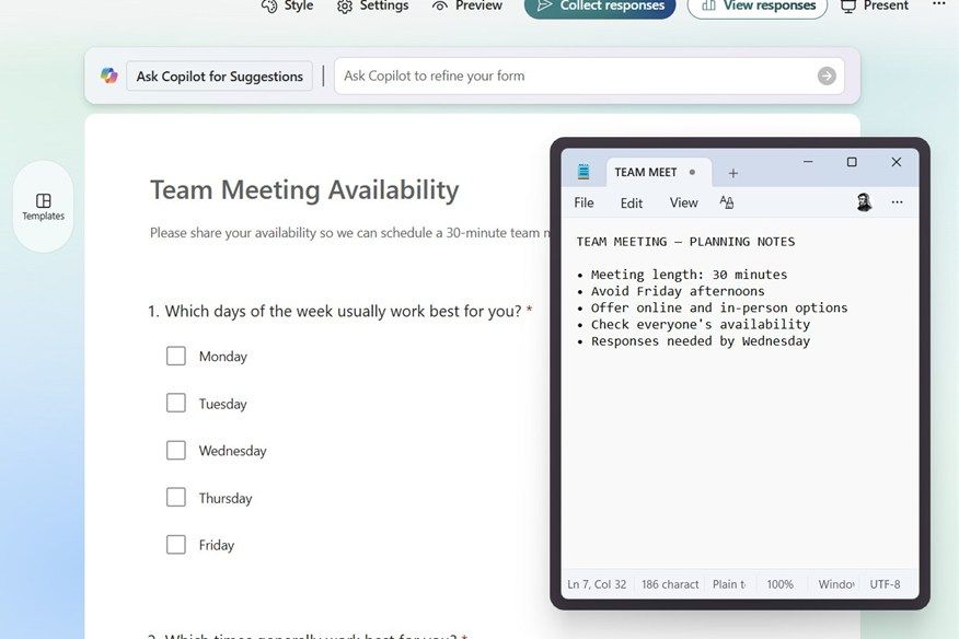 Notepad window pinned over Microsoft Forms in a web browser using PowerToys Always On Top.