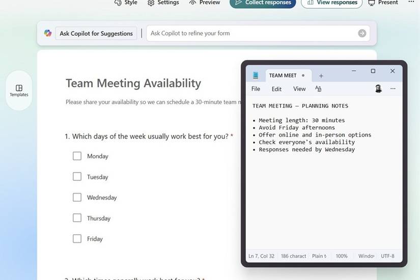 Notepad window pinned over Microsoft Forms in a web browser using PowerToys Always On Top.