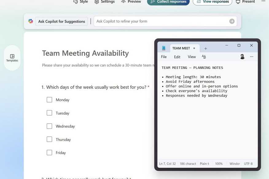 Notepad window pinned over Microsoft Forms in a web browser using PowerToys Always On Top.