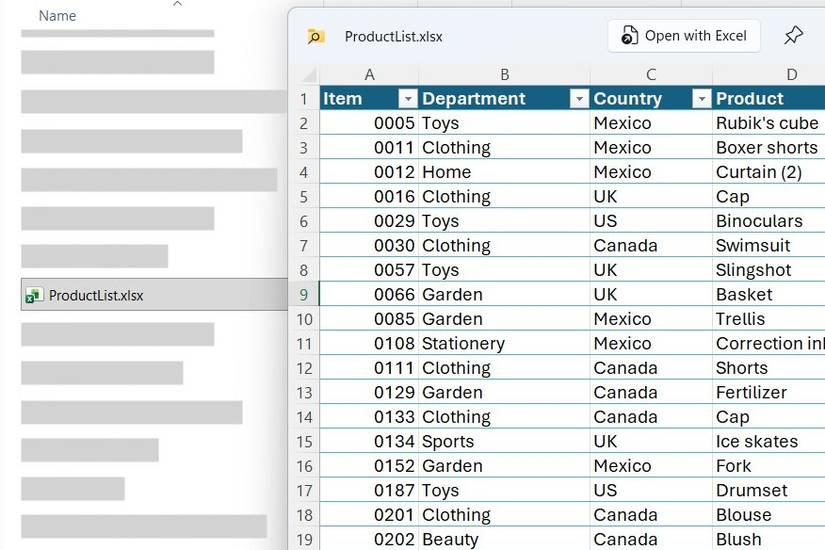 PowerToys Peek preview window showing the contents of an Excel spreadsheet file.