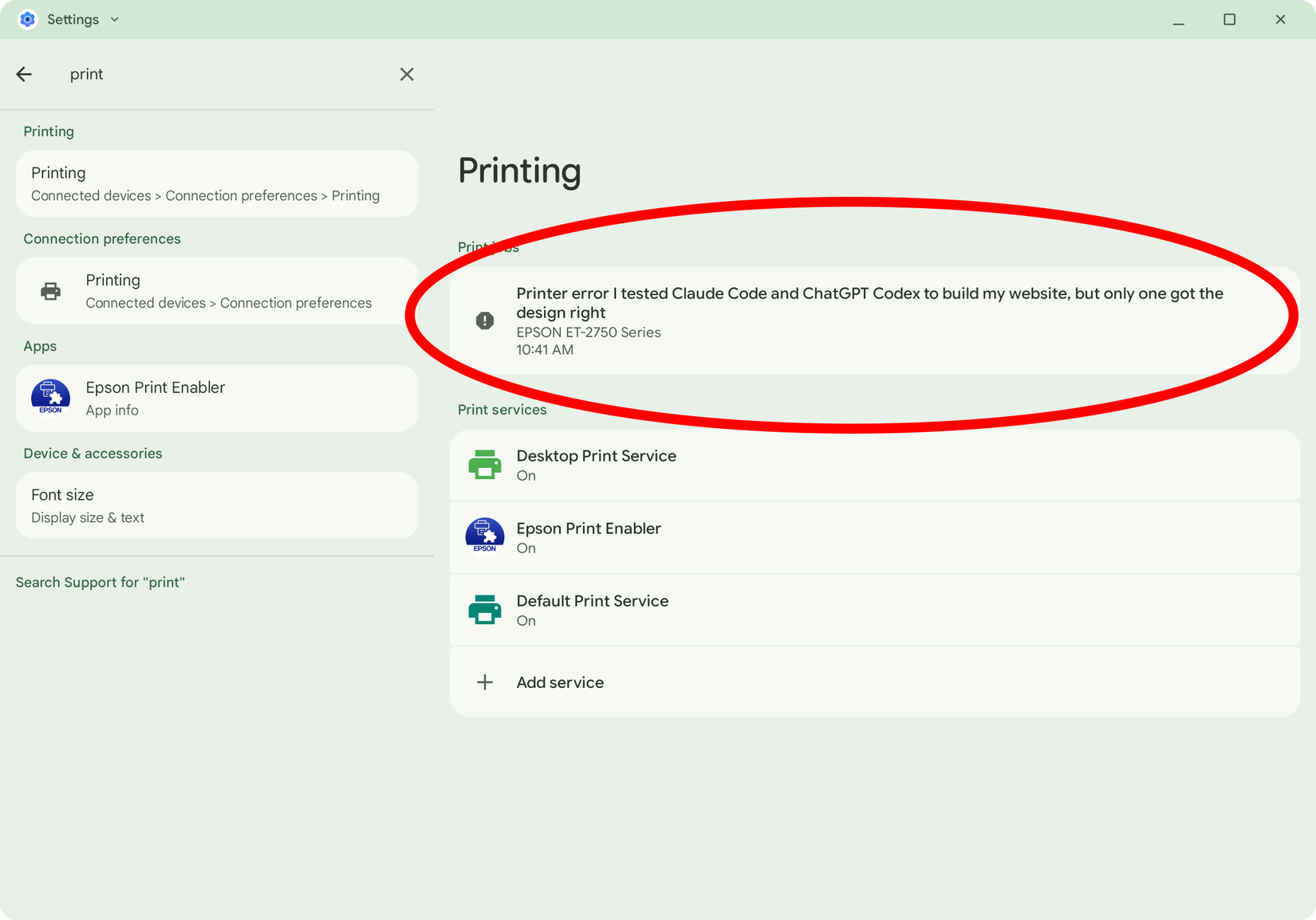Printer error highlighted on a Googlebook.