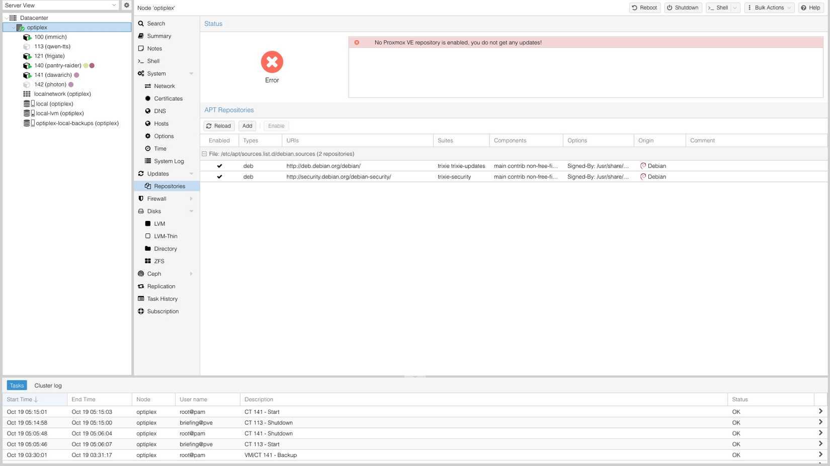 Proxmox Repositories screen on the OptiPlex warning that no Proxmox VE repository is enabled, so no updates are received.