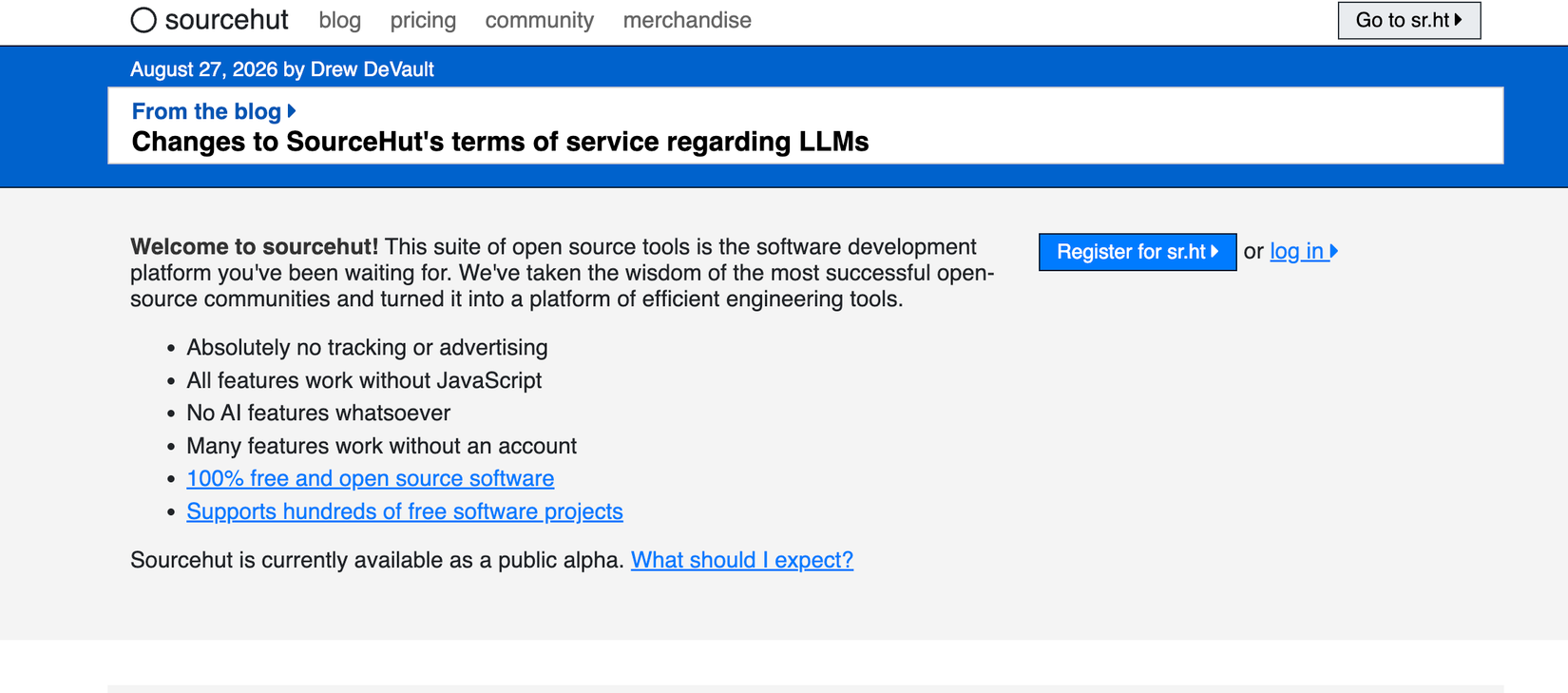The Sourcehut home page, detailing its anti-AI stance.
