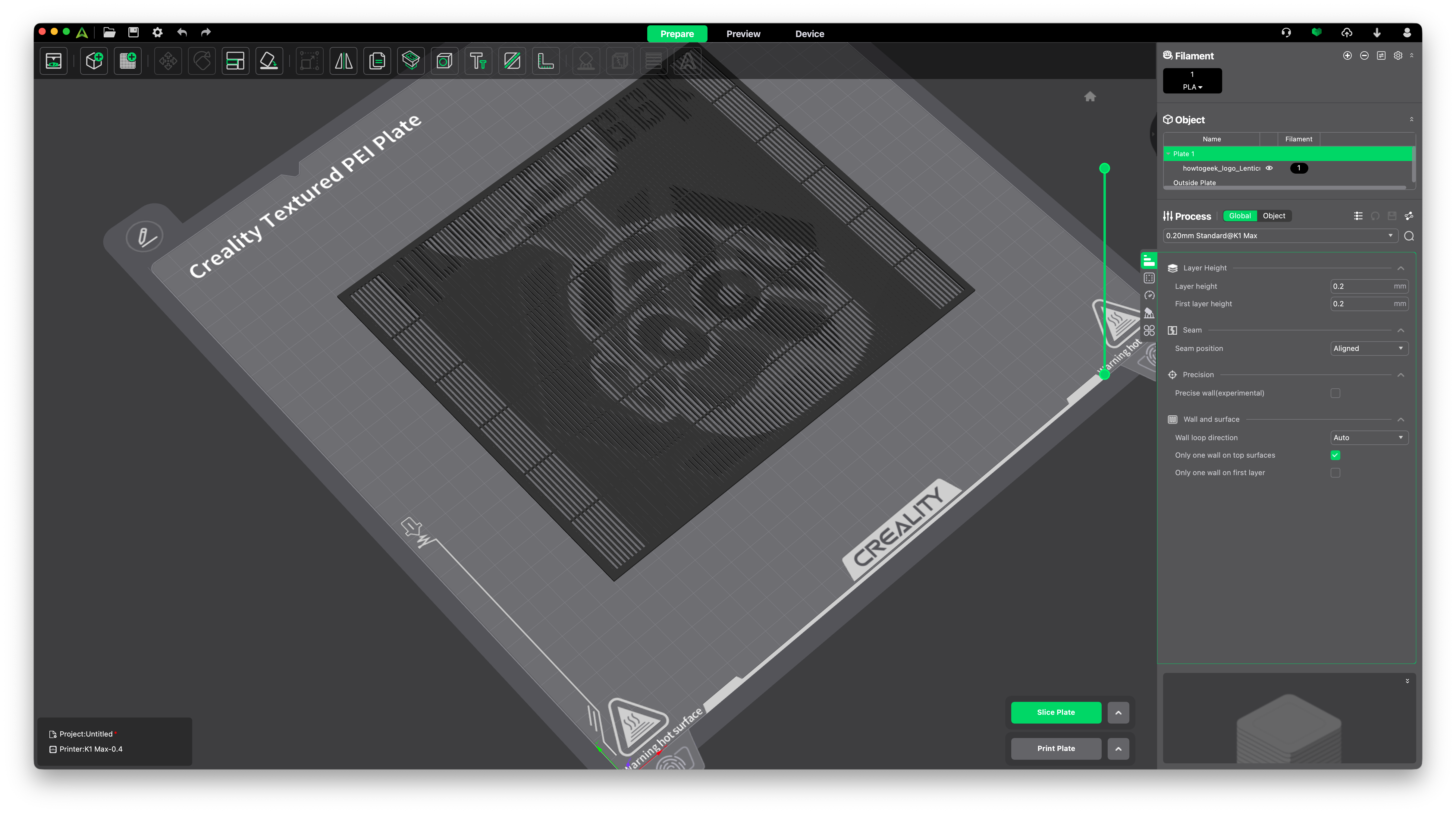 A lenticular 3D print is loaded into a 3D printer slicer.