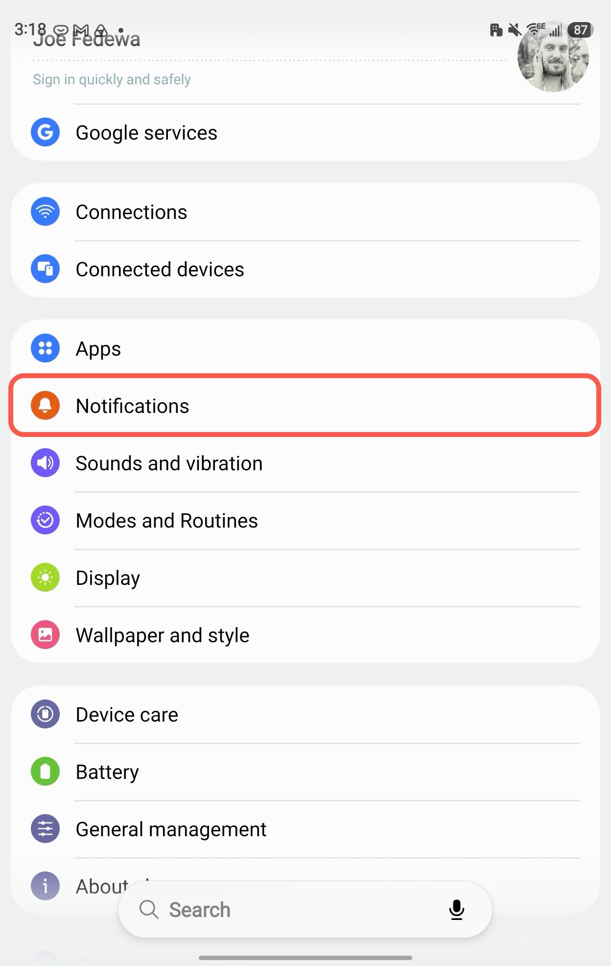 интерфейс настроек уведомлений на смартфоне Samsung