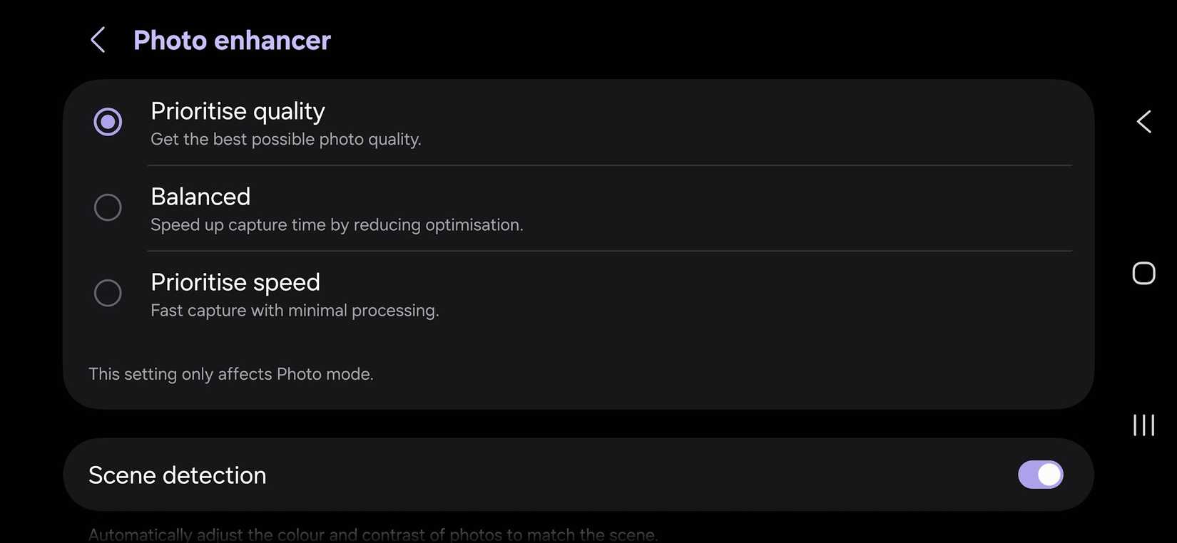 Samsung Camera photo enhancer settings showing options to prioritize image quality, balance quality and speed, or minimize processing, with scene detection enabled.