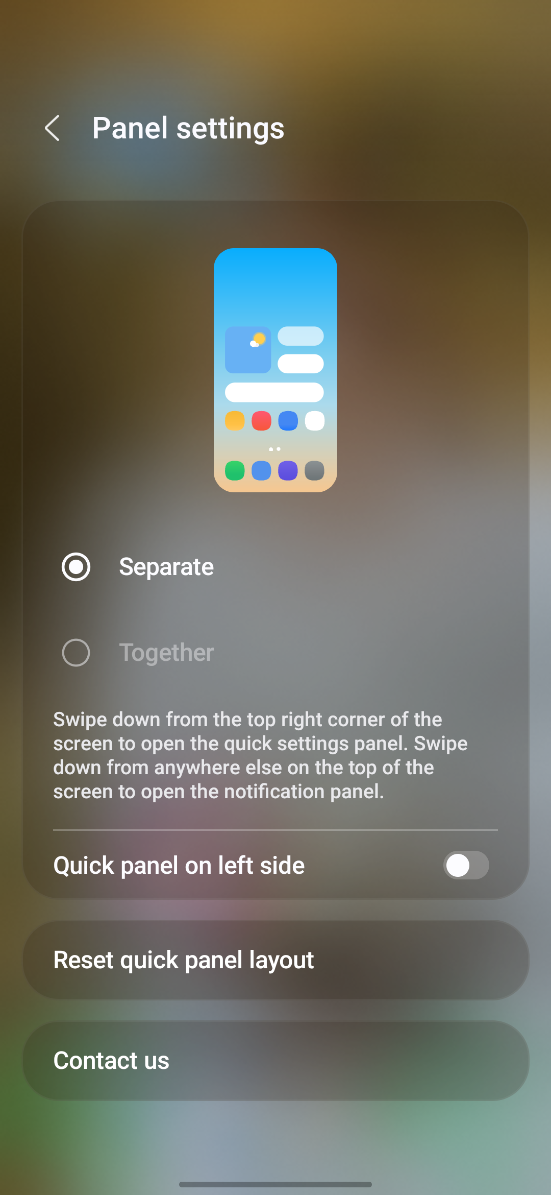 Screenshot of the Quick Settings panel settings on a Samsung Galaxy device.