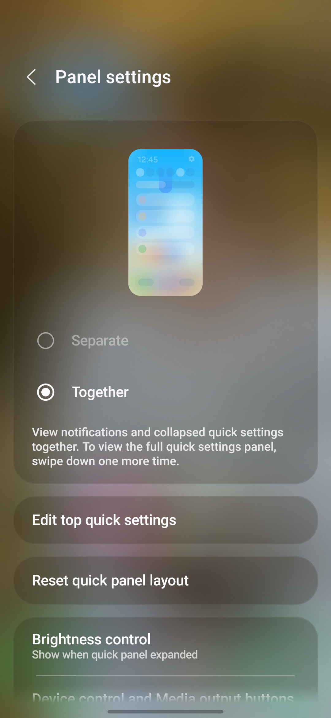 Screenshot of the Quick Settings panel settings on a Samsung Galaxy device.