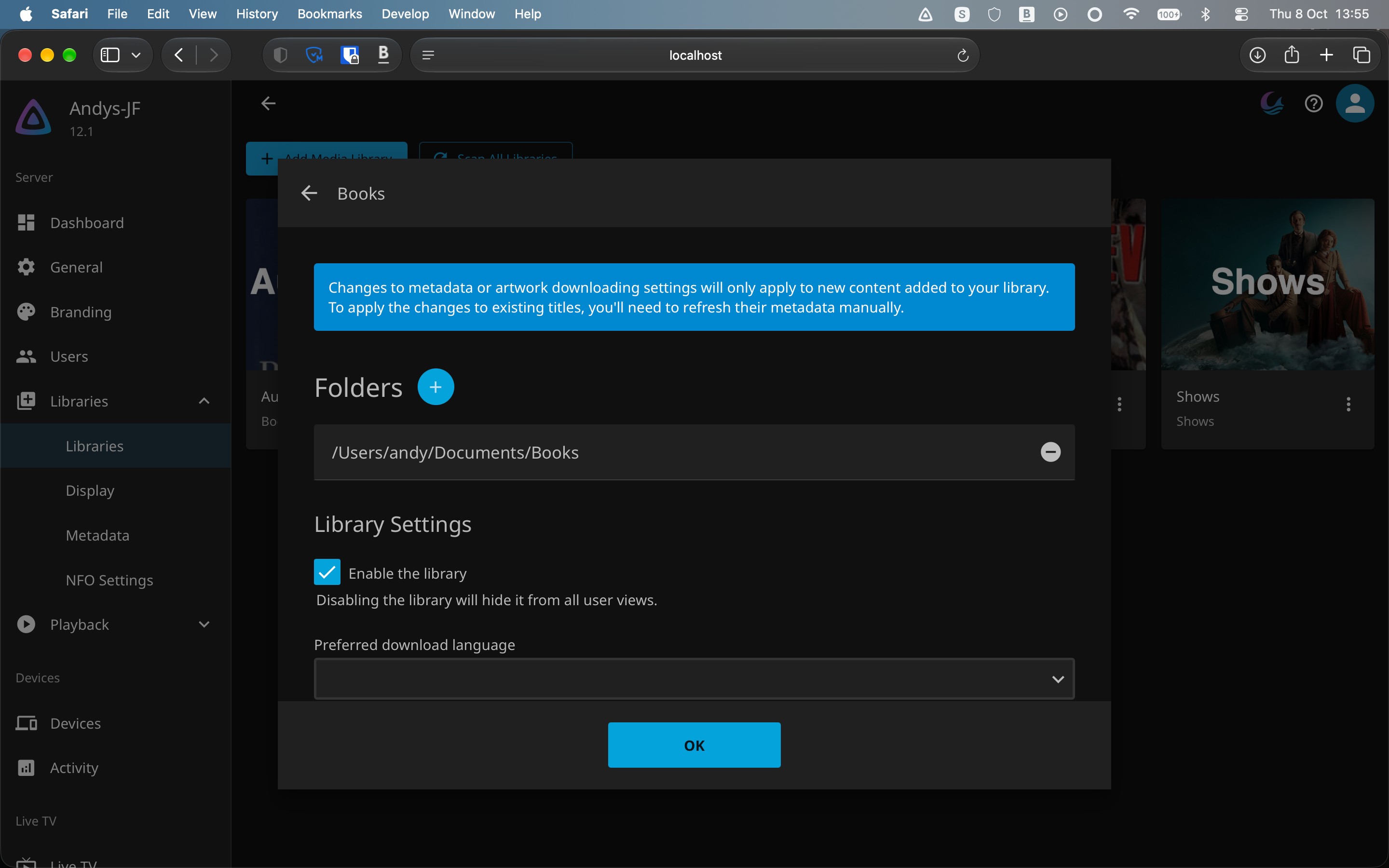 Setting up a book library in Jellyfin.