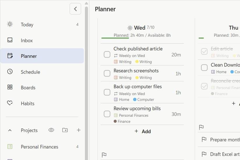 The Planner view in Super Productivity showing tasks arranged by day.