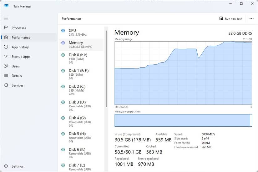 Task Manager showing memory ramping up to nearly 100%.
