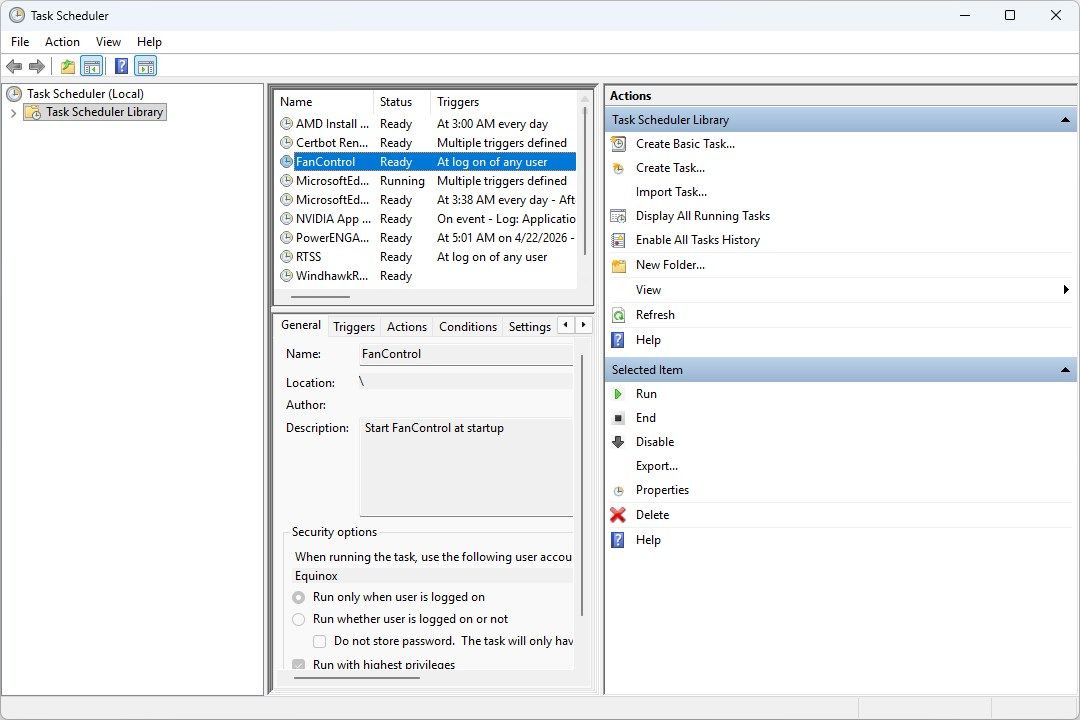 Task Scheduler showing a startup task for Fan Control.