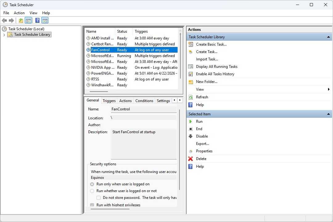 Task Scheduler showing a startup task for Fan Control.