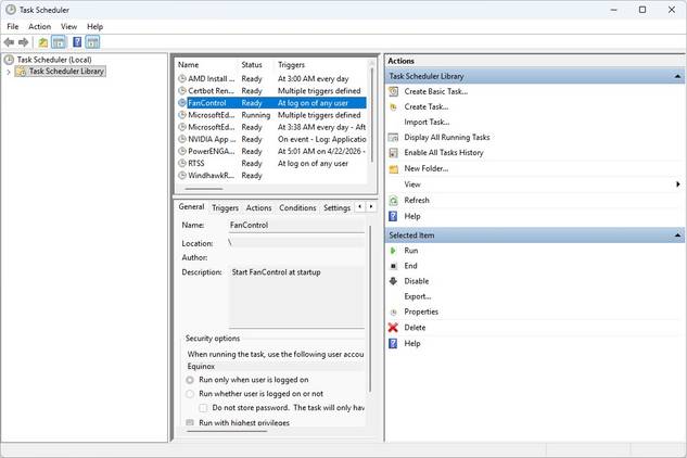 Task Scheduler showing a startup task for Fan Control.