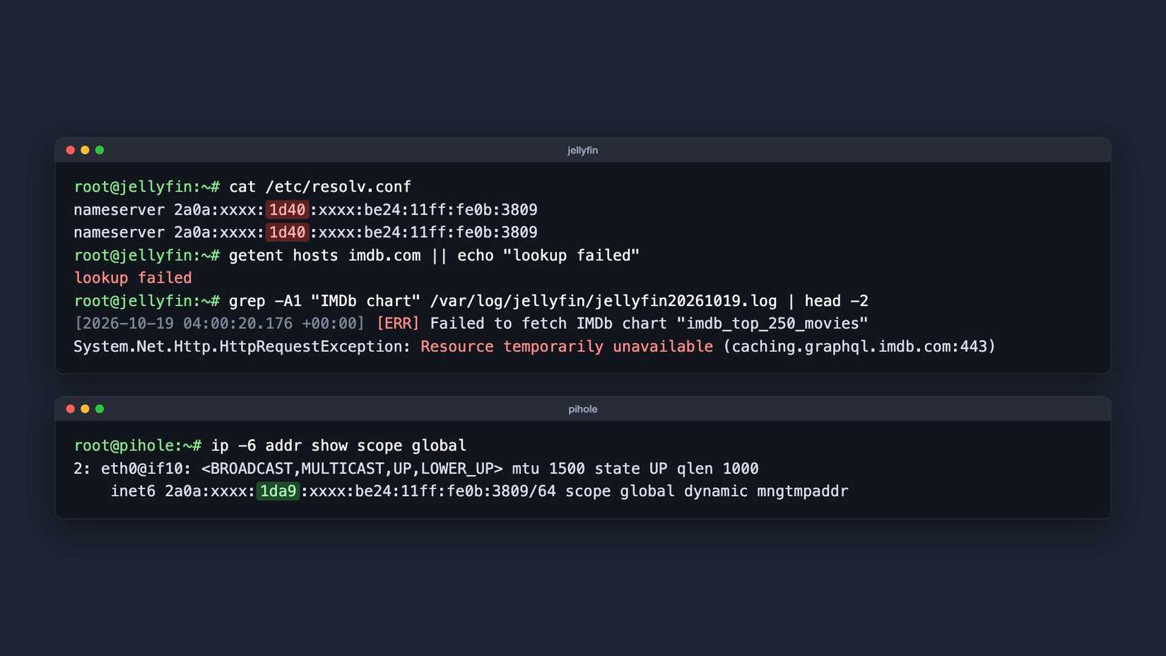Terminal showing Jellyfin pointing to Pi-hole's old IPv6 address and failing to reach IMDb, while Pi-hole has a new IPv6 address.