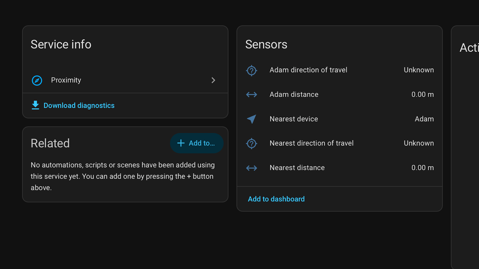 The Proximity integration in Home Assistant showing sensors for direction of travel, distance, and more.