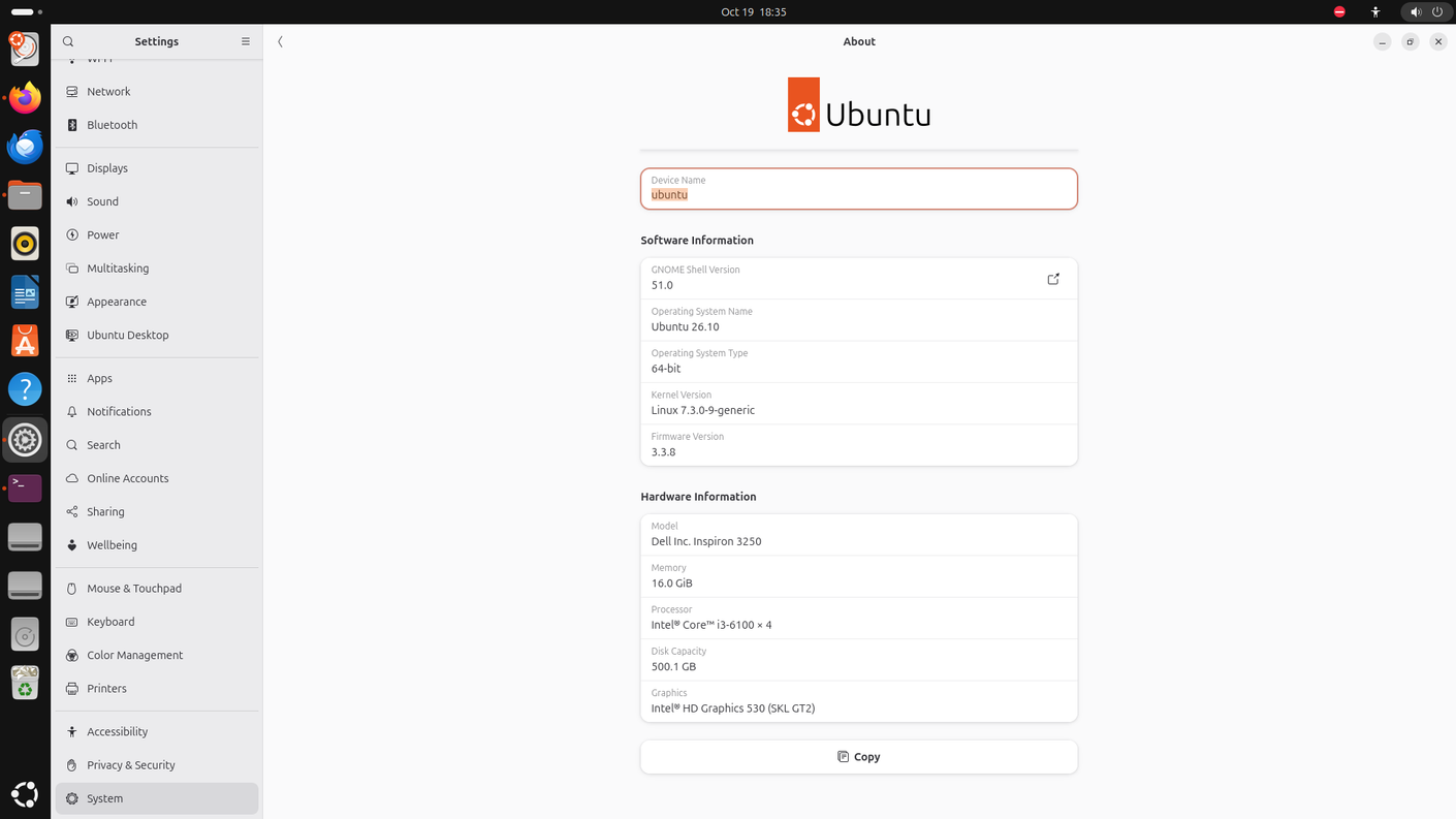 Системное меню Ubuntu 26.10 Элементы управления дистрибутивом Ubuntu 26.10