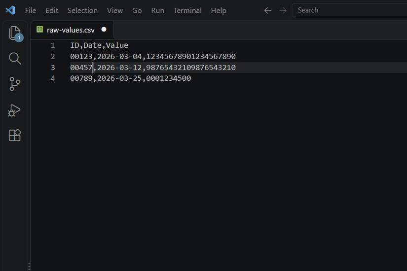 In VS Code, raw-values.csv is edited on row 3 to update an ID while preserving leading zeros.
