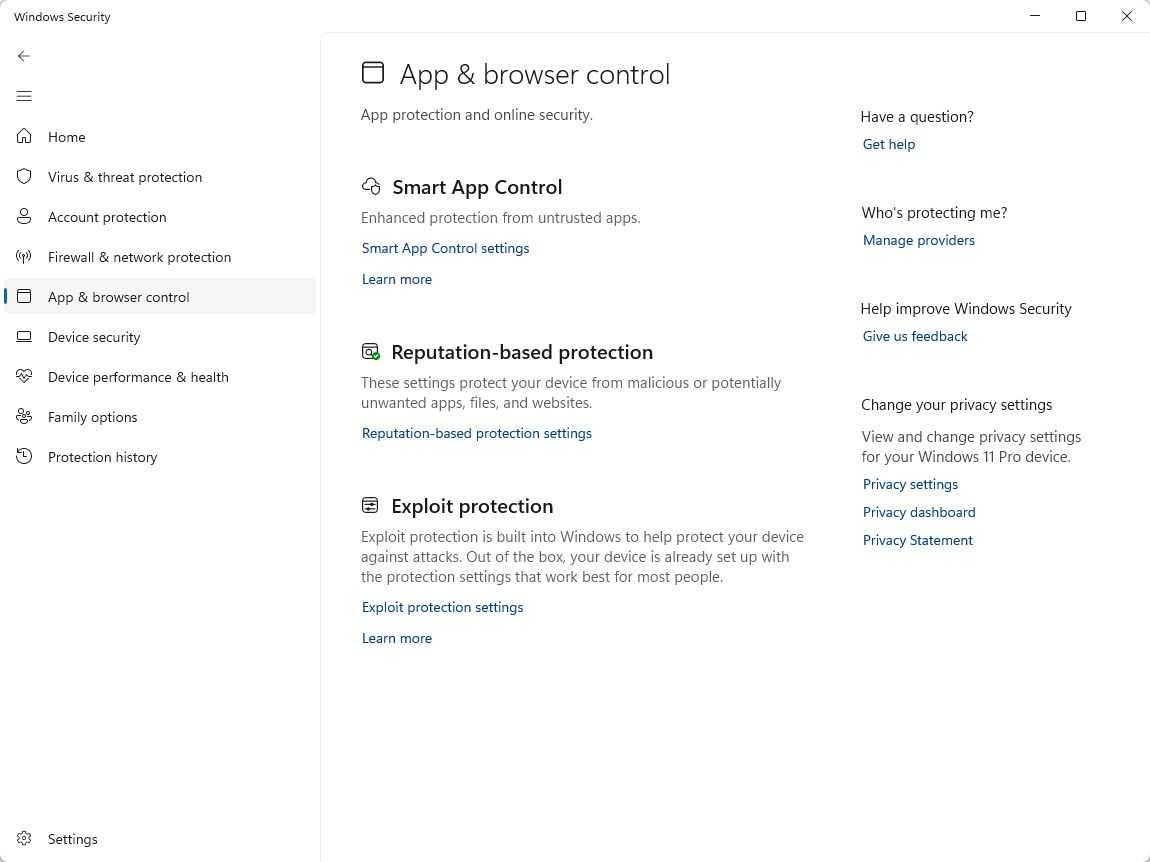 Browser and app control in Windows Security.