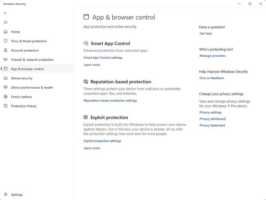 Browser and app control in Windows Security.