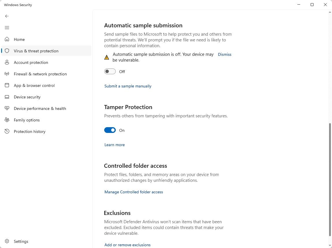 Windows Security virus sample settings.