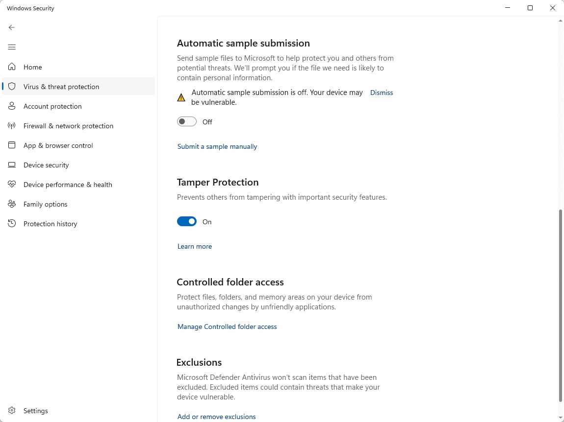 Windows Security virus sample settings.