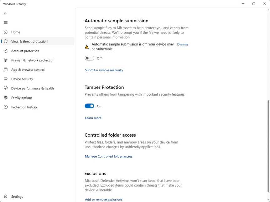 Windows Security virus sample settings.