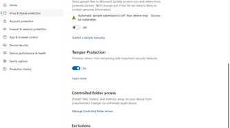 Windows Security virus sample settings.